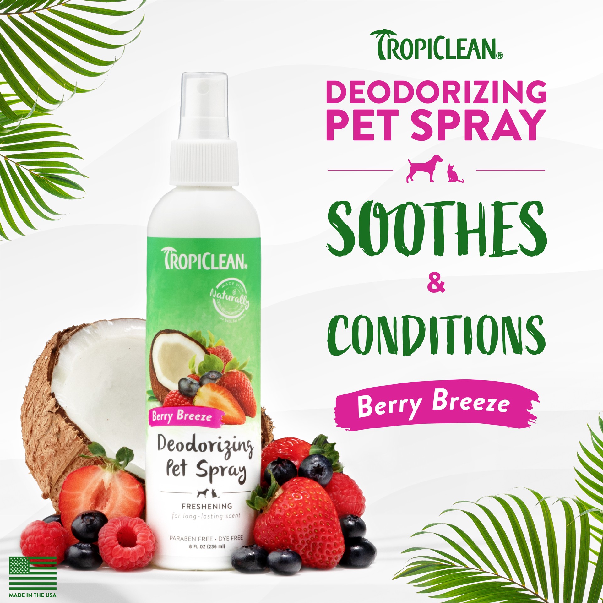 slide 8 of 10, TropiClean Berry Breeze Deodorizing Spray for Pets, 8oz, 8 oz