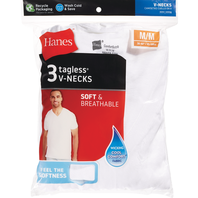slide 1 of 1, Hanes Men's T-Shirts Comfortsoft Tagless V-Neck Size M/M, 3 ct