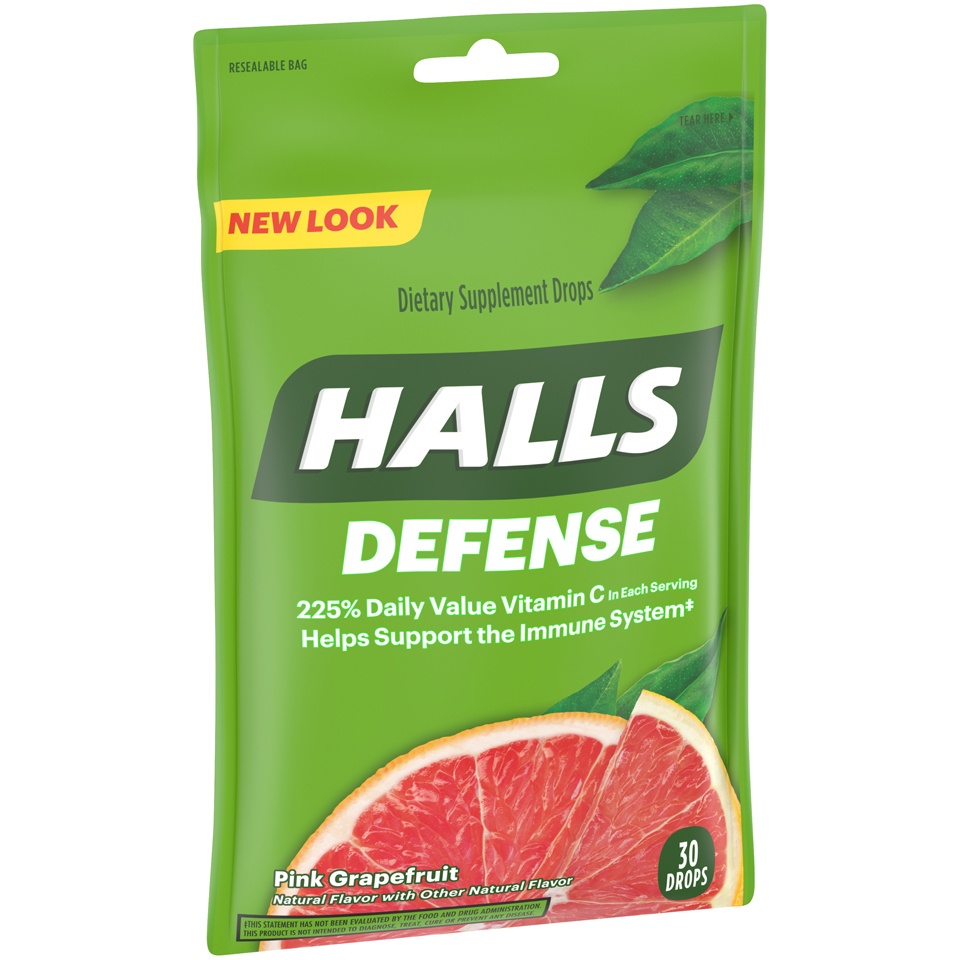 slide 3 of 8, Halls Defense Halls Defense Pink Grapefruit Drops Dietary Supplement, 30 ct