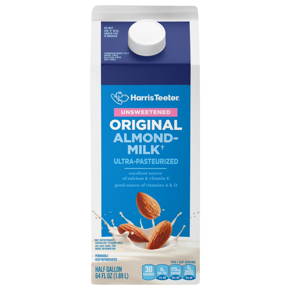 slide 1 of 4, Harris Teeter Almond Milk - Unsweetened - Original Flavor, 1/2 gal