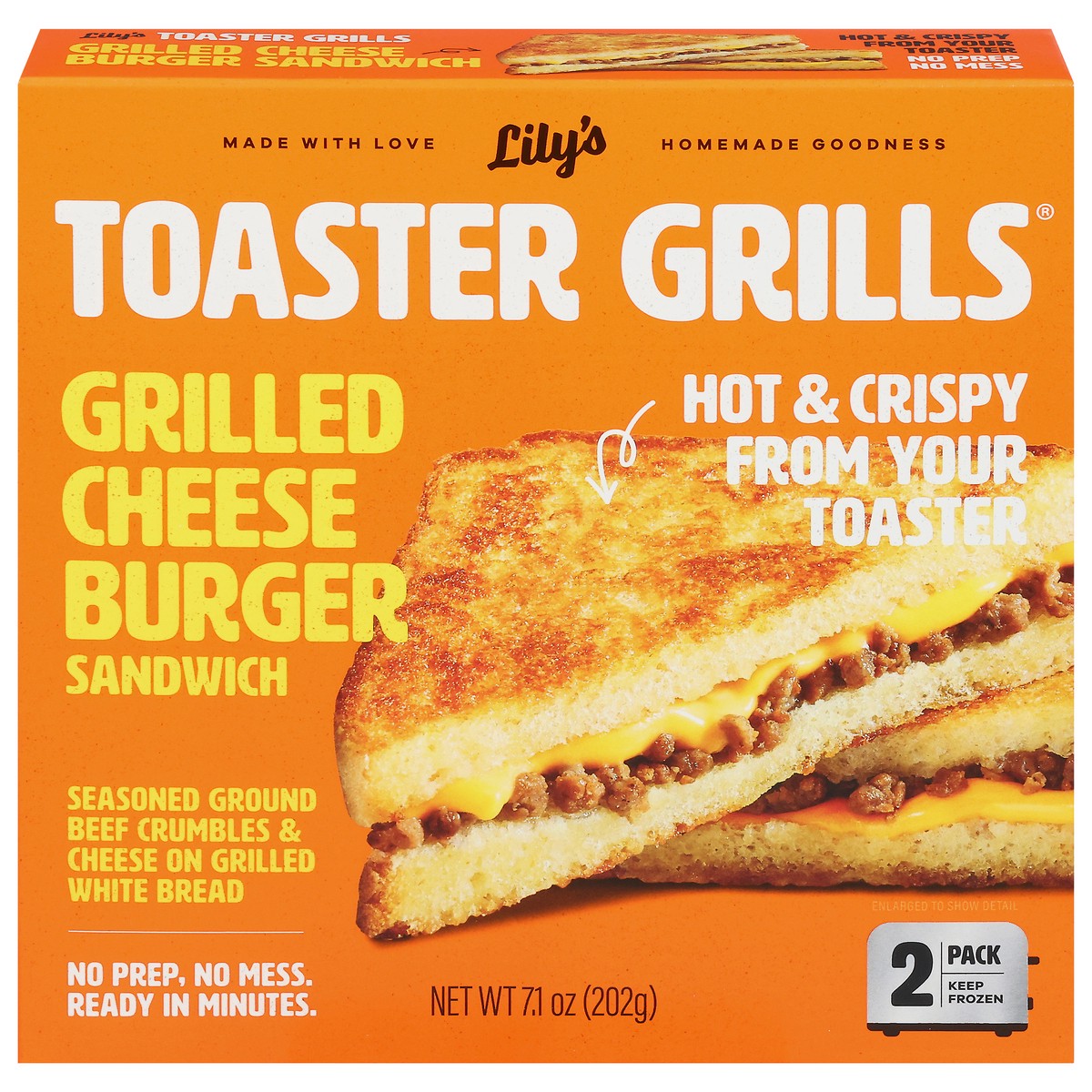 slide 1 of 9, Lily's Toaster Grills Grilled Cheese Burger Sandwich 2 ea, 2 ct