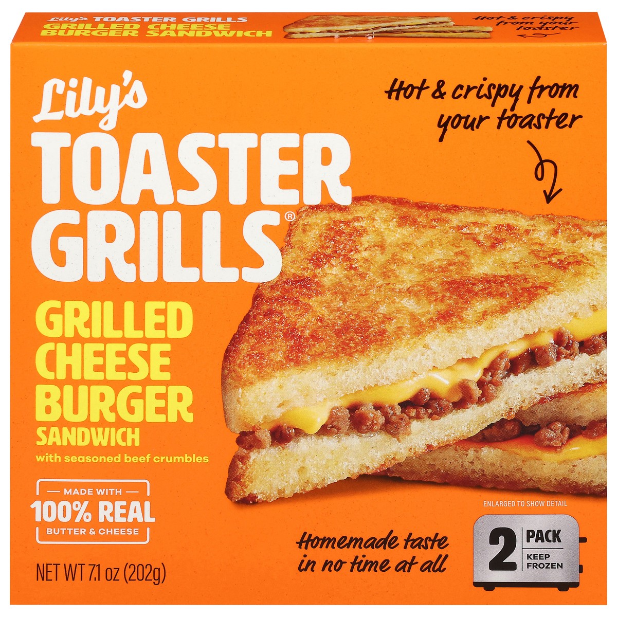 slide 1 of 9, Lily's Toaster Grills Grilled Cheese Burger Sandwich 2 Each, 2 ct