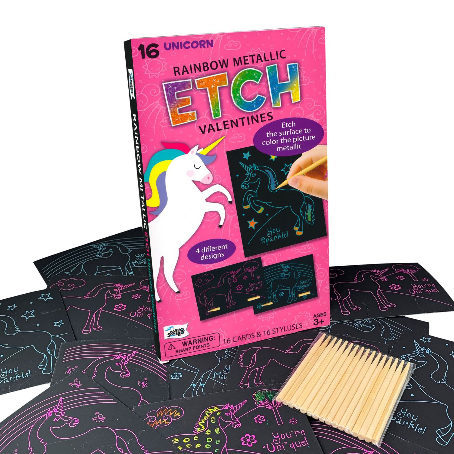 slide 3 of 3, Mello Smello Ages 3+ Unicorn Rainbow Metallic Etch Valentines Cards & Styluses 1 ea, 1 ct