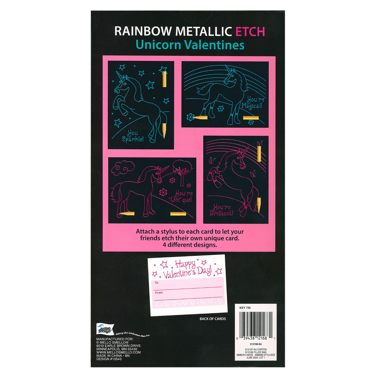 slide 9 of 9, Mello Smello Ages 3+ Unicorn Rainbow Metallic Etch Valentines Cards & Styluses 1 ea, 1 ct
