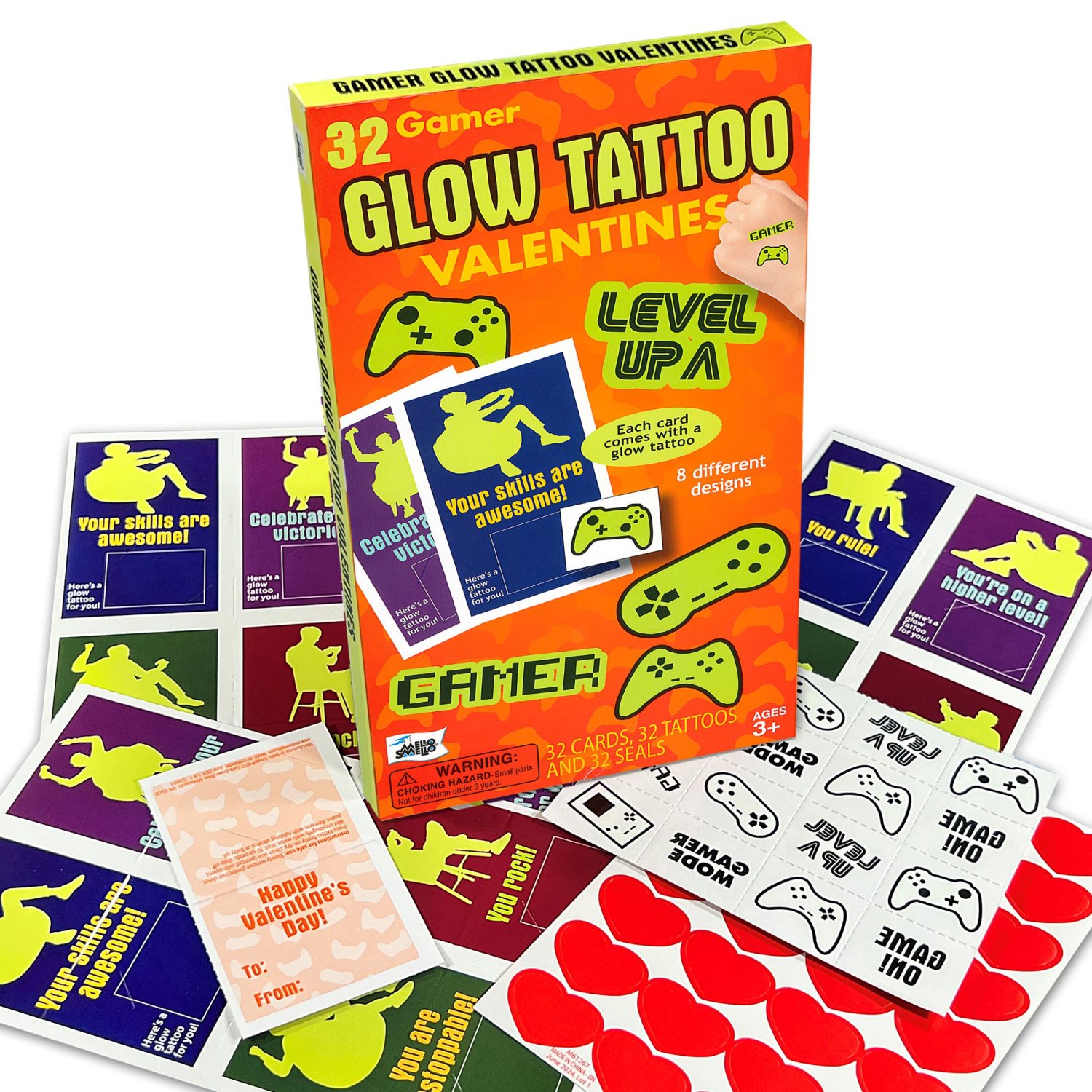 slide 3 of 3, Valentine Cards Gamer Tattoo 32 Count, 32 ct