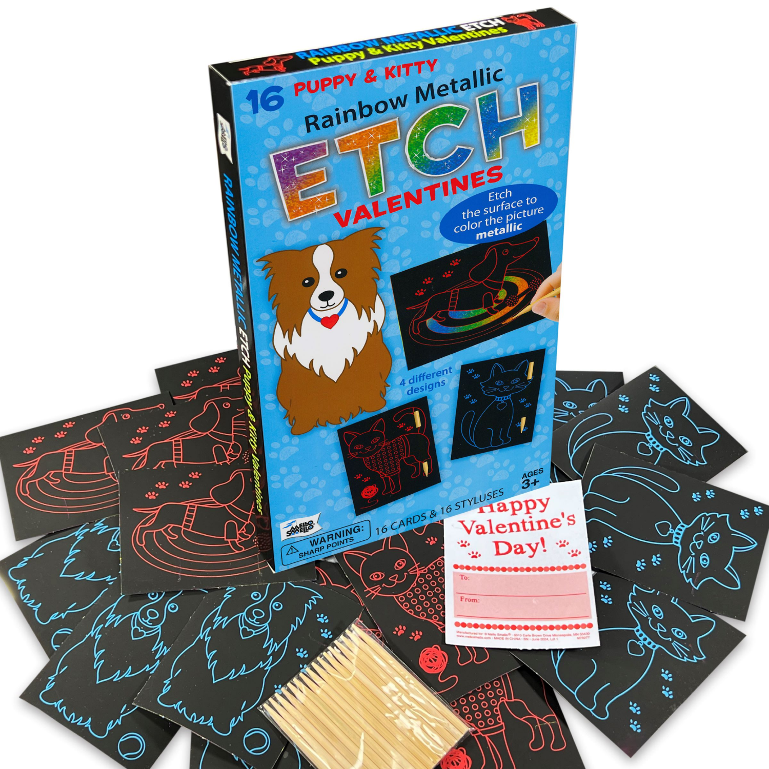 slide 2 of 2, Mello Smello Puppy & Kitty Rainbow Metallic Etch Valentines Cards & Styluses 1 Set, 16 ct