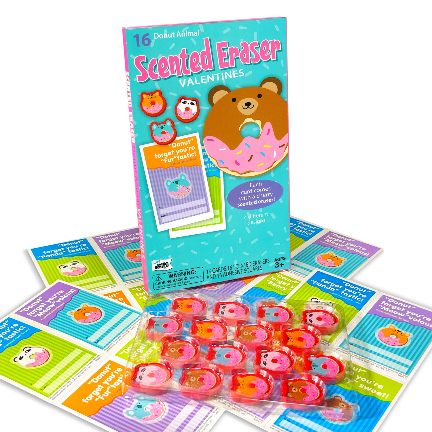 slide 3 of 3, Mello Smello Valentine Donut Animal Scented Eraser Card Lit, 1 ct