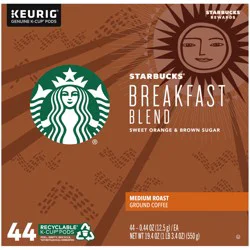 Starbucks Breakfast Blend Medium Roast Ground Coffee K-Cup Pods 44 ct Box