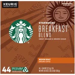 Starbucks Breakfast Blend Medium Roast Ground Coffee K-Cup Pods 44 ct Box