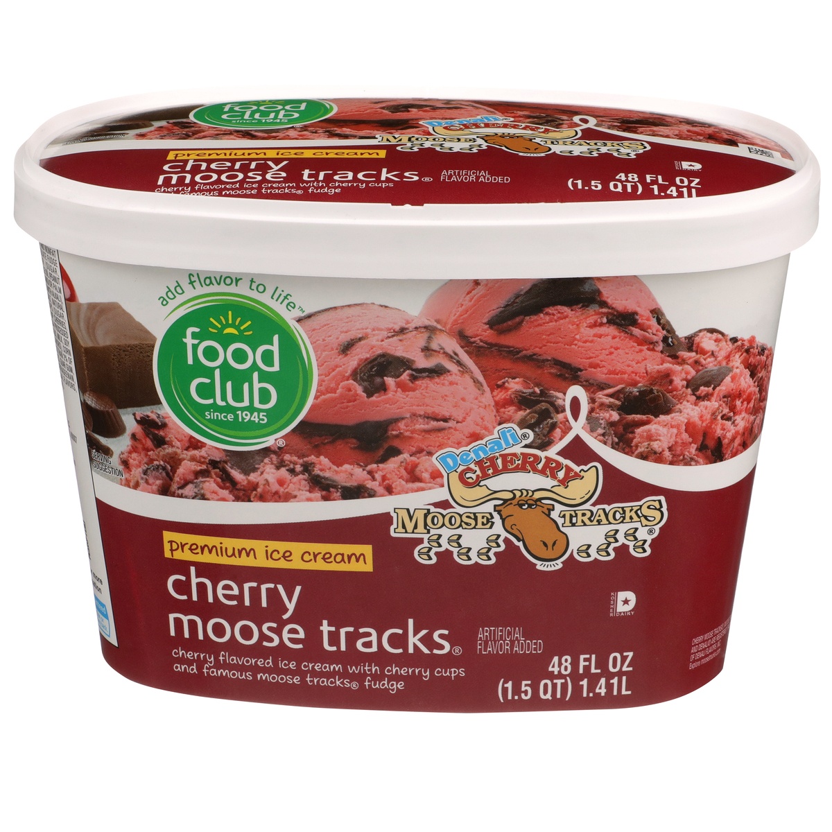 slide 1 of 1, Food Club Denali, Cherry Moose Tracks Cherry Flavored Premium Ice Cream With Cherry Cups And Famous Moose Tracks Fudge, 48 fl oz