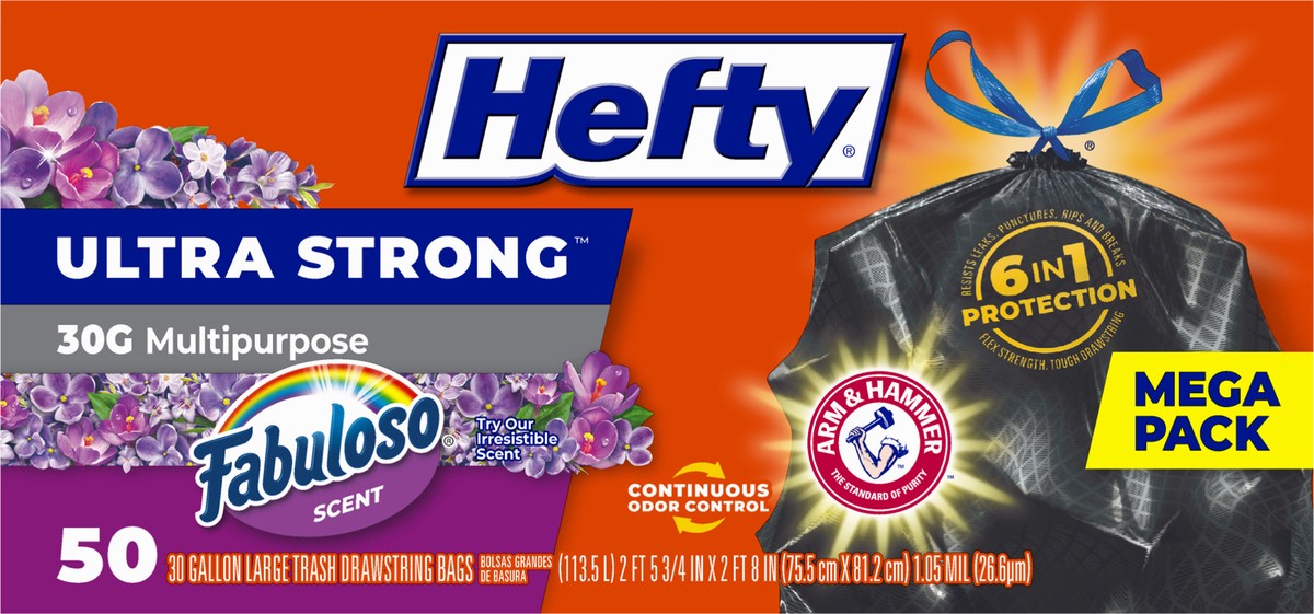 slide 9 of 9, Hefty Ultra Strong 30G Multipurpose Fabuloso Scent Drawstring Bags Mega Pack 50 ea, 50 ct
