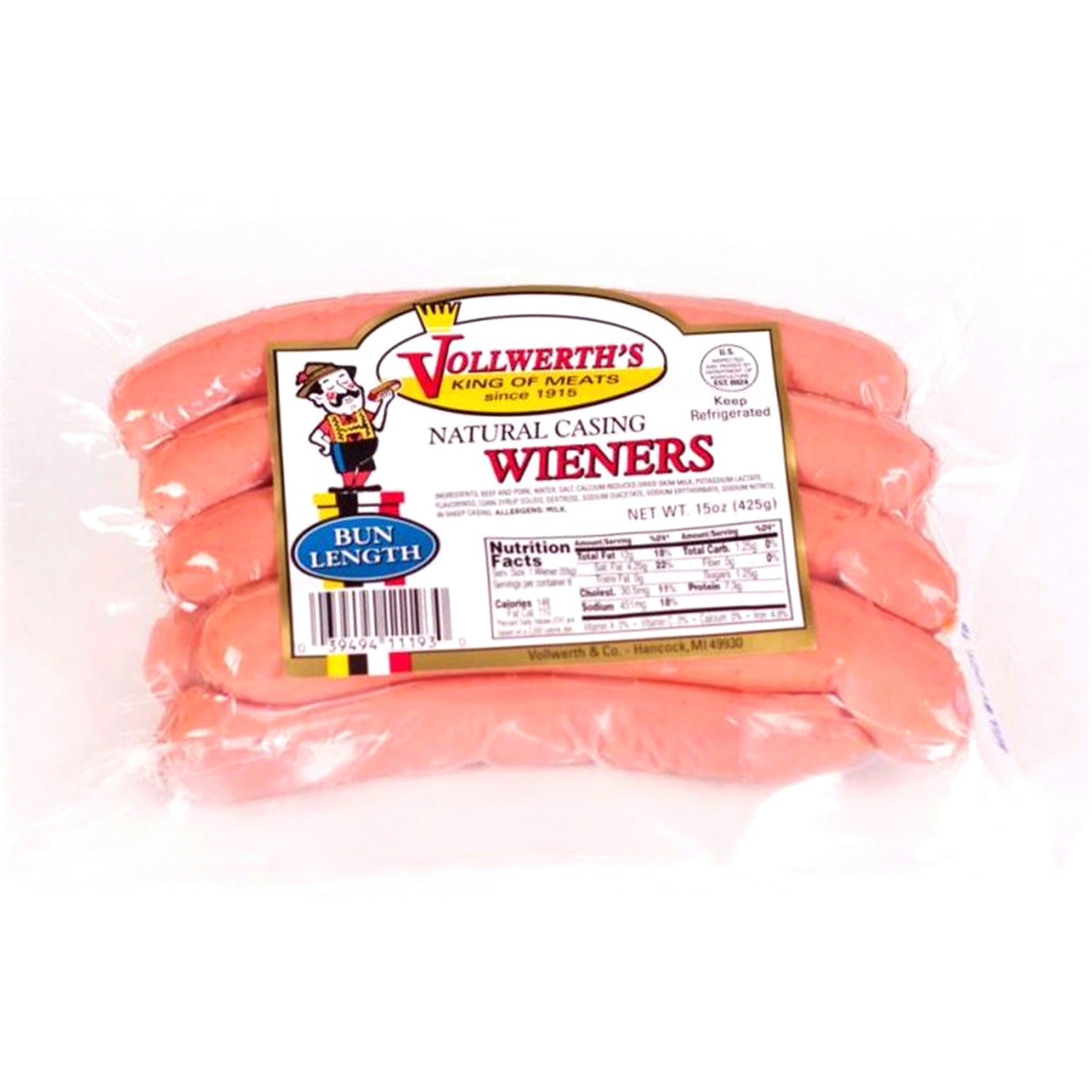 slide 1 of 1, Vollwerth's Bun Length Natural Casing Wieners, 15 Oz, 15 oz