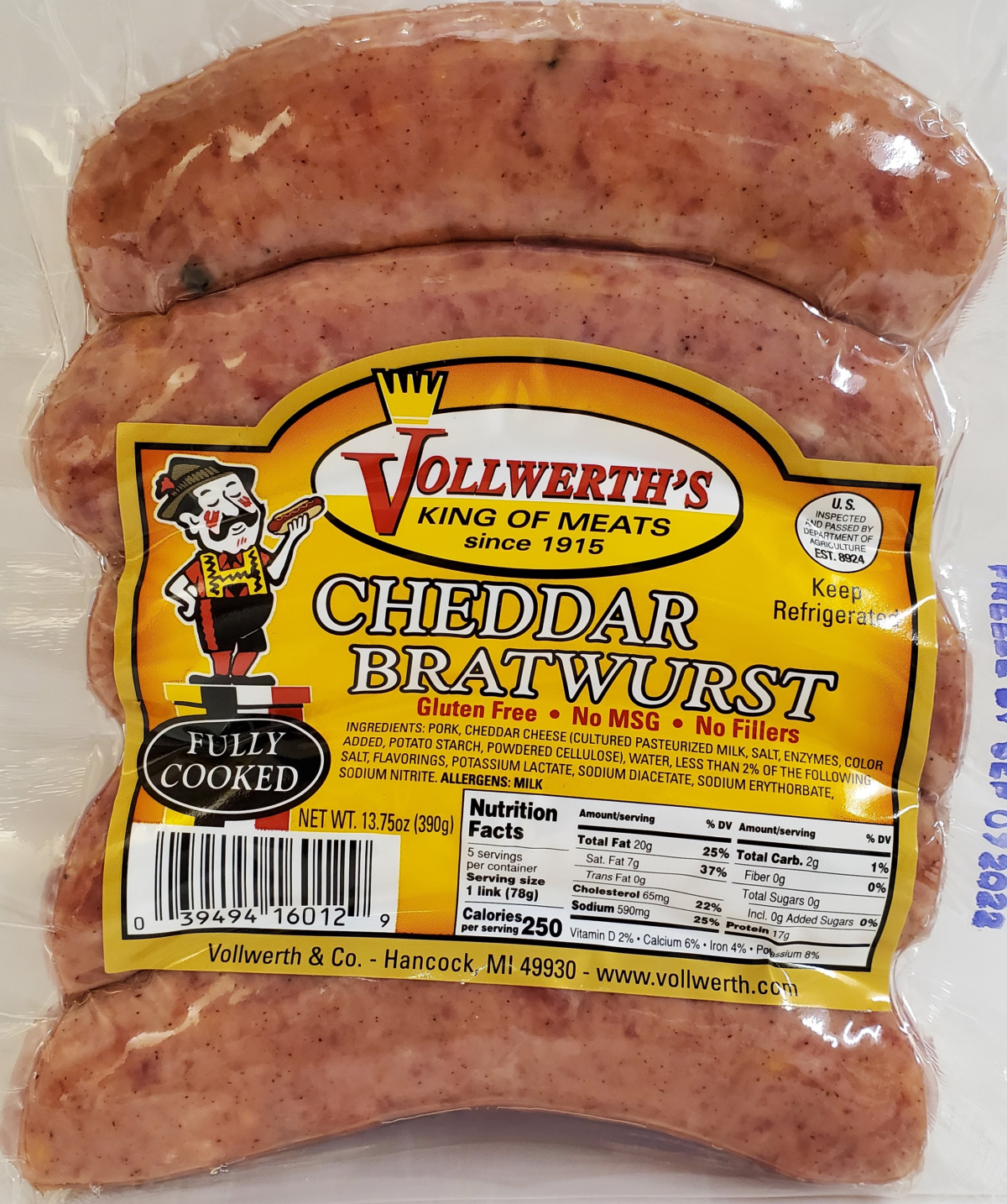 slide 1 of 1, Vollwerth Cheddar Bratwurst, 15 oz