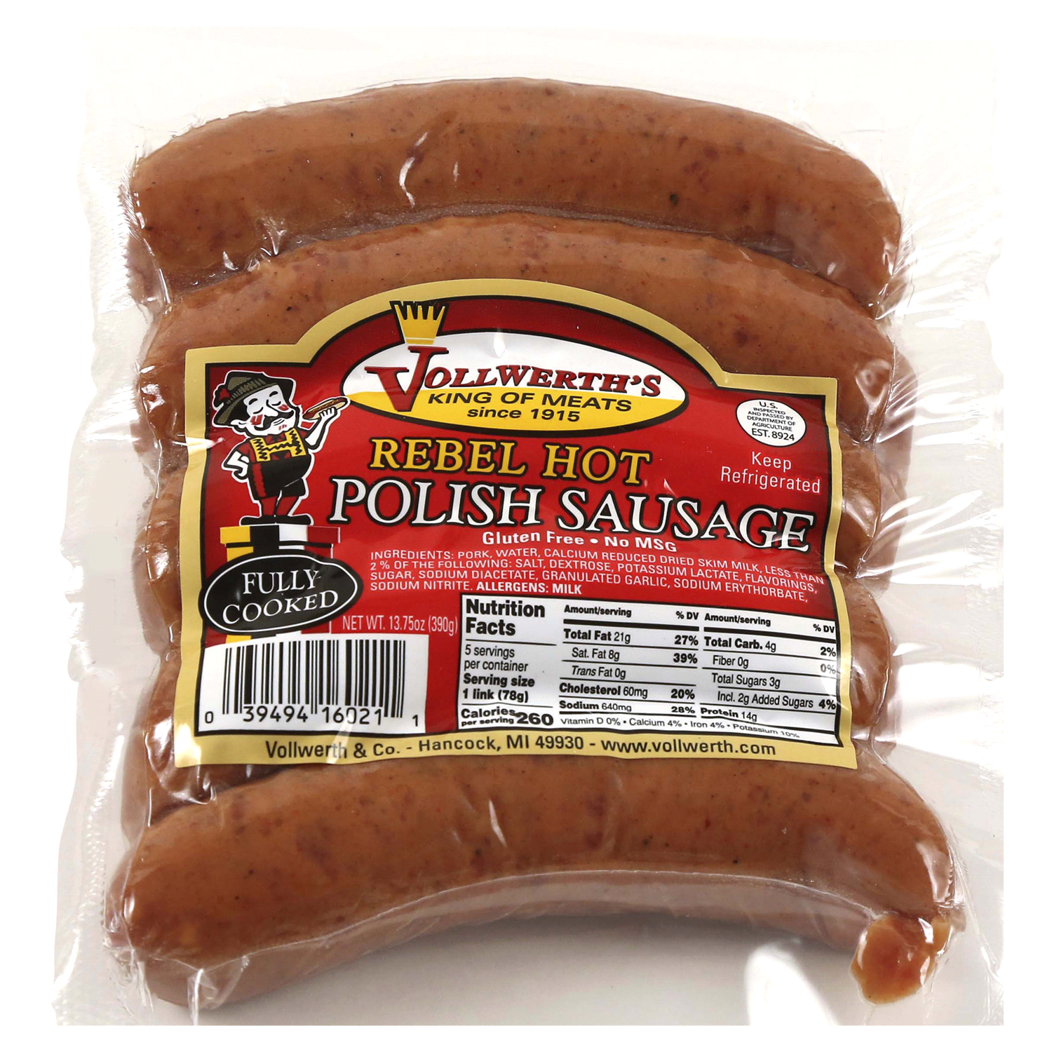 slide 1 of 1, Vollwerth's Rebel Hot Polish Sausage, 13.75 Oz., 13.75 oz