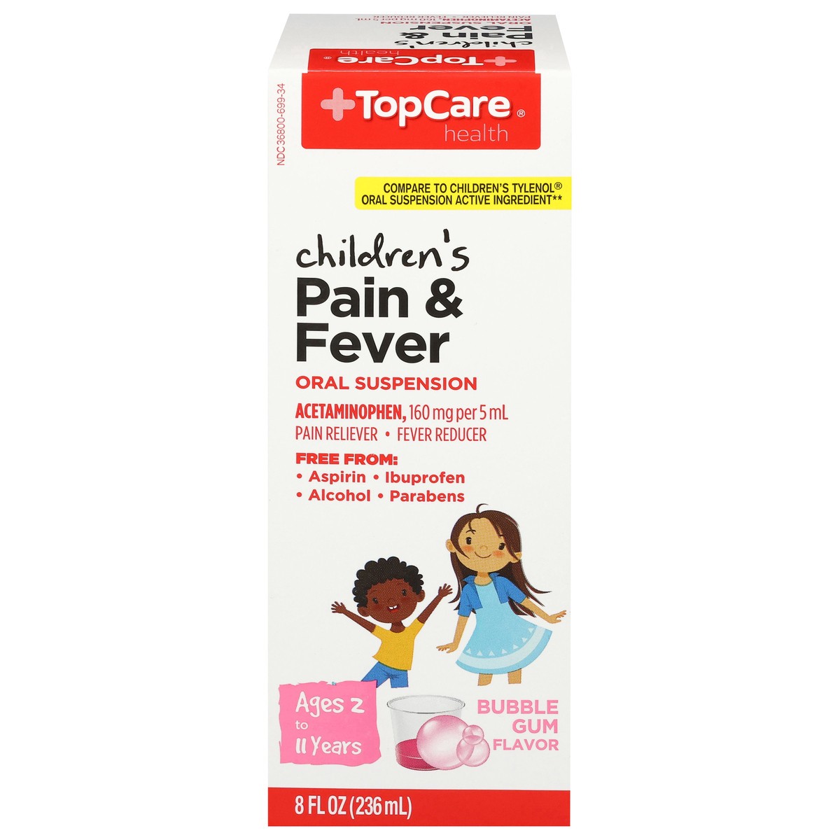 slide 3 of 14, TopCare Health Children's Oral Suspension Ages 2 to 11 Years Bubble Gum Flavor 160 mg per 5 mL Pain & Fever 8 fl oz, 8 fl oz