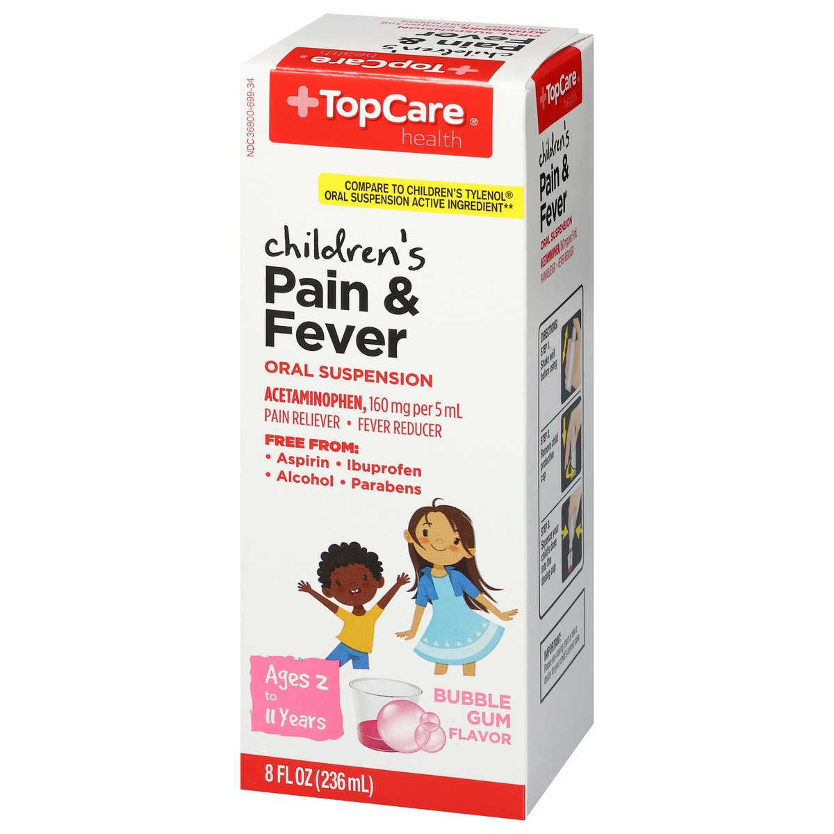 slide 9 of 14, TopCare Health Children's Oral Suspension Ages 2 to 11 Years Bubble Gum Flavor 160 mg per 5 mL Pain & Fever 8 fl oz, 8 fl oz
