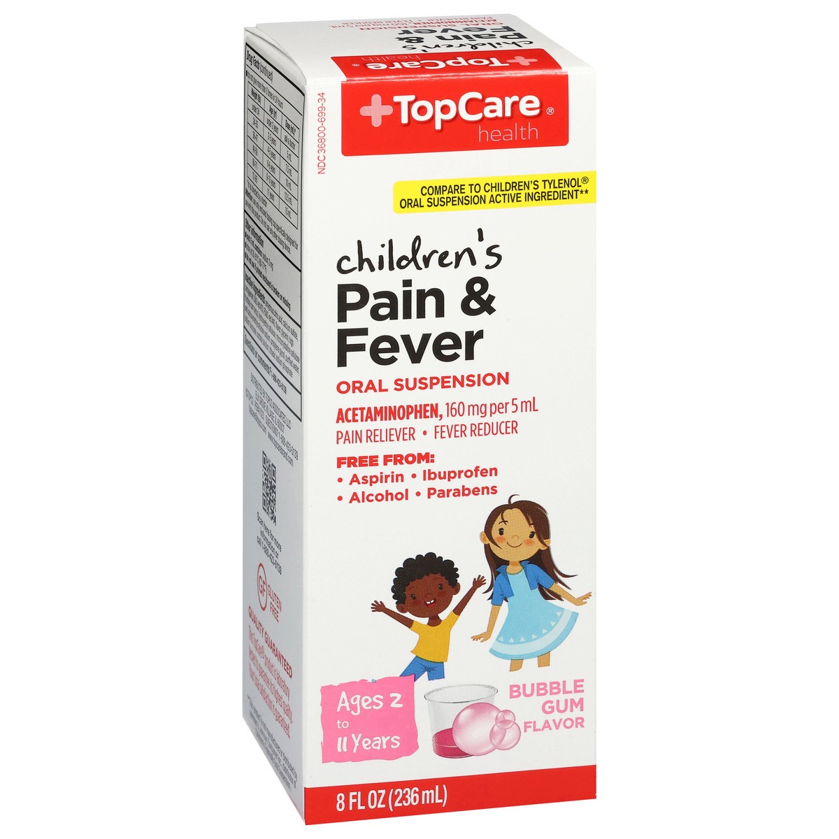 slide 4 of 14, TopCare Health Children's Oral Suspension Ages 2 to 11 Years Bubble Gum Flavor 160 mg per 5 mL Pain & Fever 8 fl oz, 8 fl oz