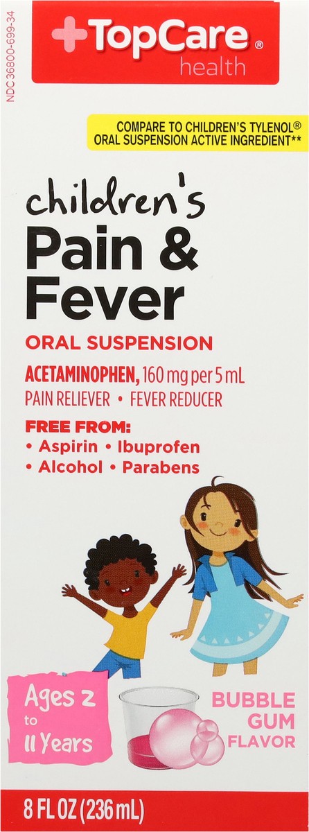 slide 2 of 14, TopCare Health Children's Oral Suspension Ages 2 to 11 Years Bubble Gum Flavor 160 mg per 5 mL Pain & Fever 8 fl oz, 8 fl oz