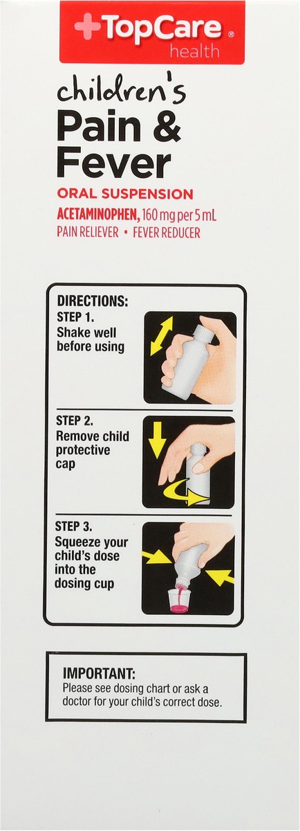 slide 12 of 14, TopCare Health Children's Oral Suspension Ages 2 to 11 Years Bubble Gum Flavor 160 mg per 5 mL Pain & Fever 8 fl oz, 8 fl oz