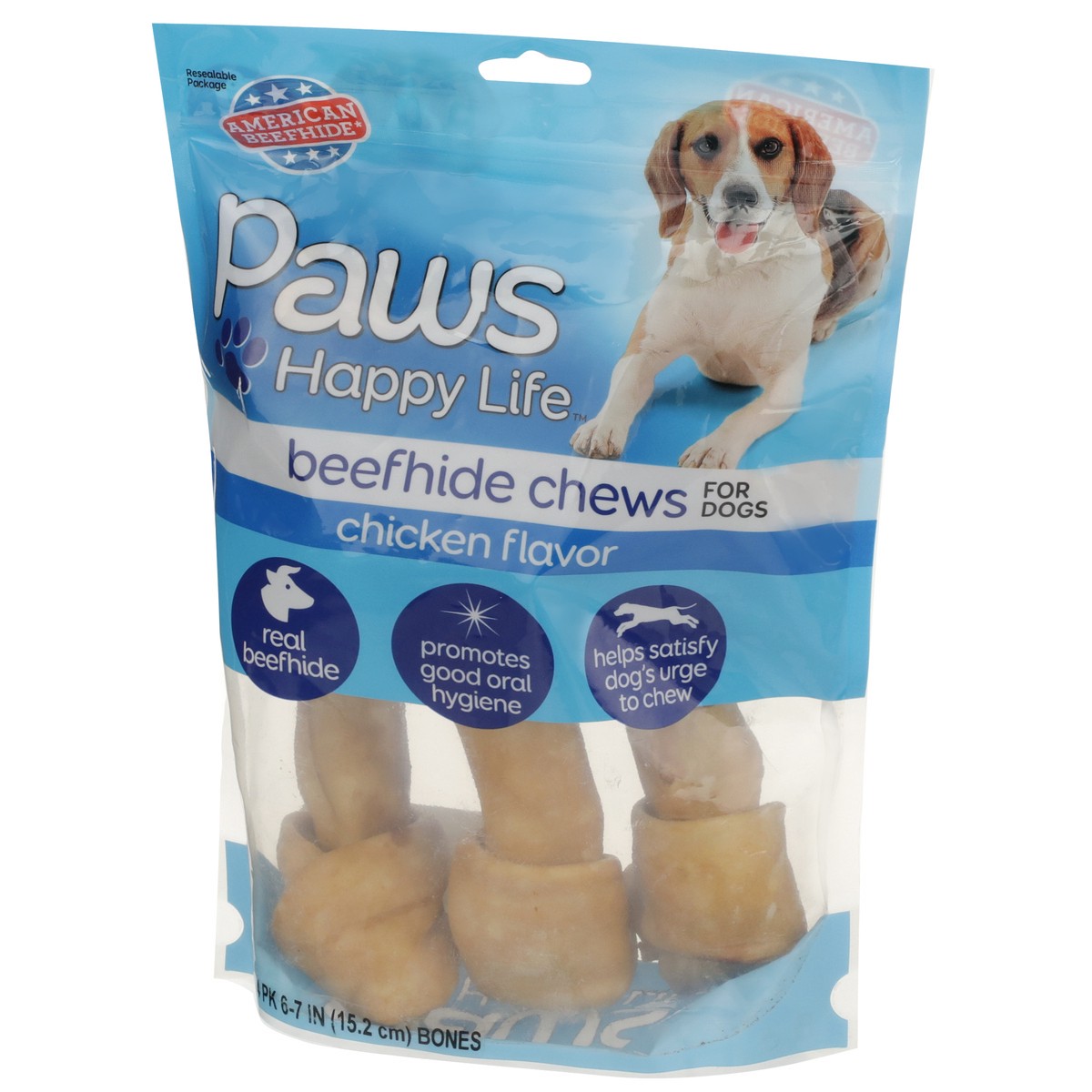 slide 3 of 8, Paws Happy Life Premium Beefhide Bones Chicken Flavored 6in, 16 oz