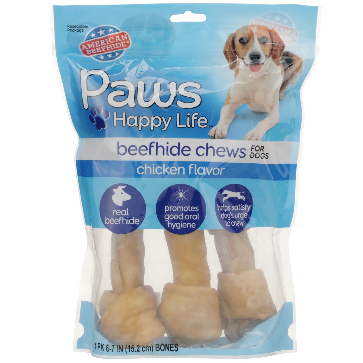 slide 7 of 8, Paws Happy Life Premium Beefhide Bones Chicken Flavored 6in, 16 oz