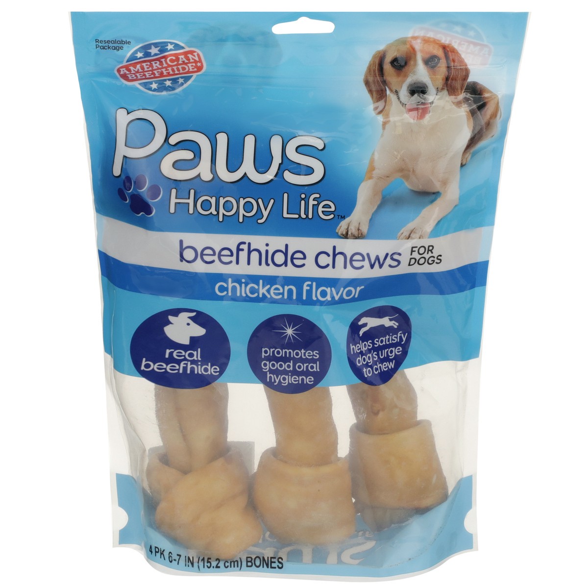 slide 1 of 8, Paws Happy Life Premium Beefhide Bones Chicken Flavored 6in, 16 oz