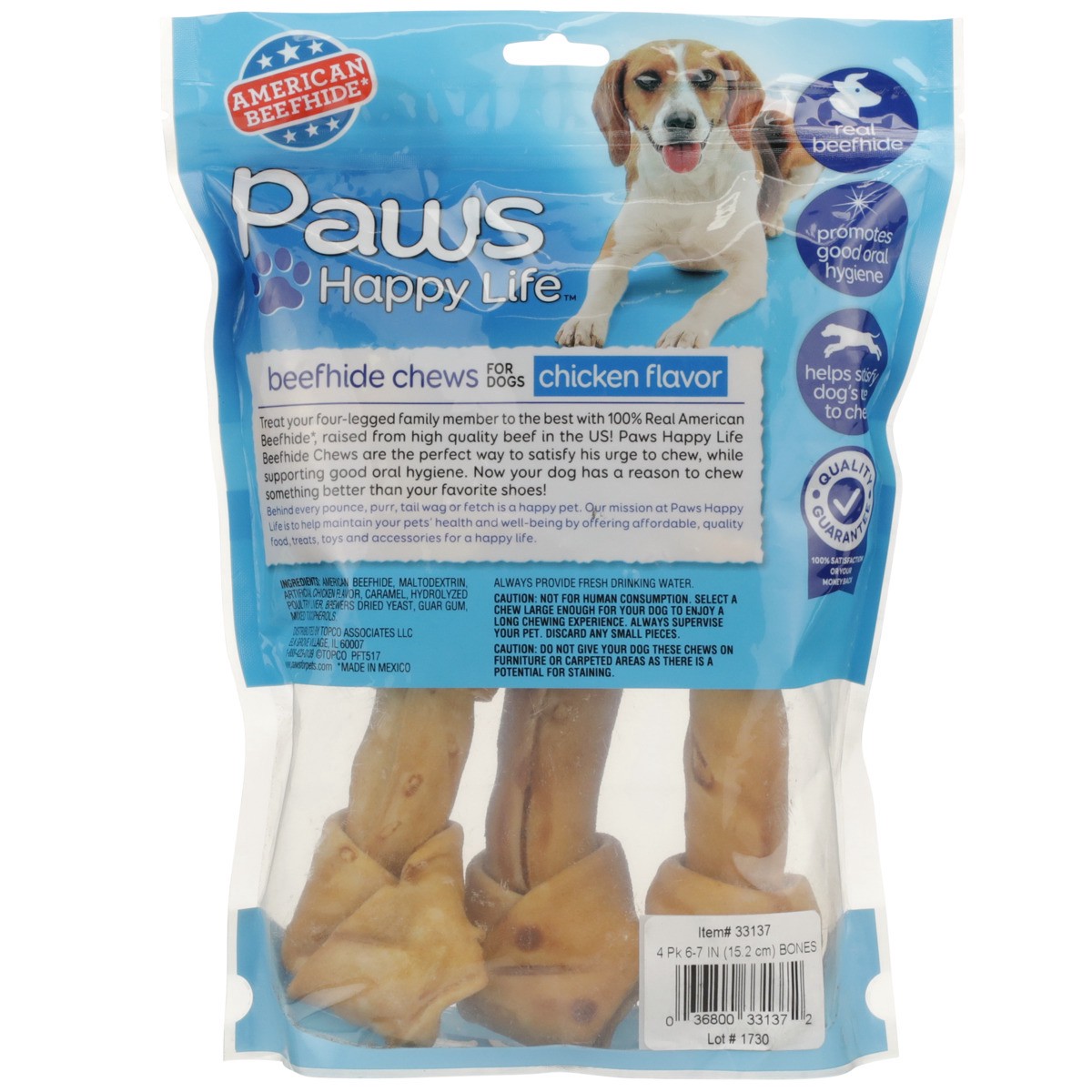 slide 8 of 8, Paws Happy Life Premium Beefhide Bones Chicken Flavored 6in, 16 oz