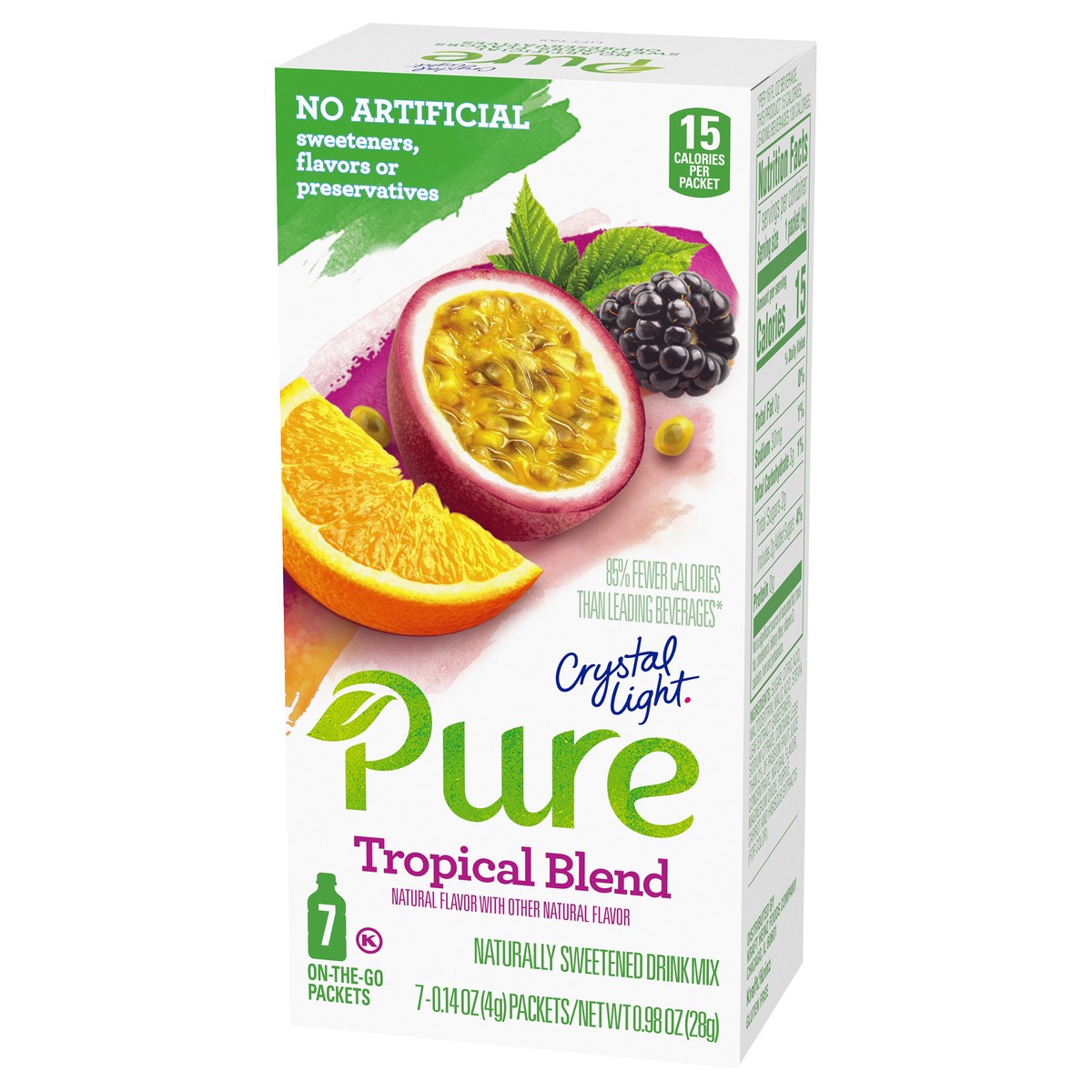 slide 5 of 9, Crystal Light Pure Tropical Blend Naturally Flavored Powdered Drink Mix with No Artificial Sweeteners, 7 ct On-the-Go Packets, 7 PK