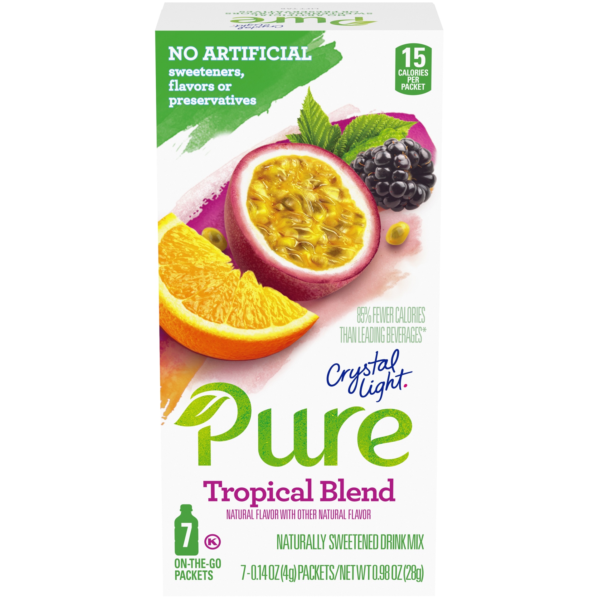 slide 1 of 6, Crystal Light Pure Tropical Blend Naturally Flavored Powdered Drink Mix with No Artificial Sweeteners On-the-Go, 7 ct
