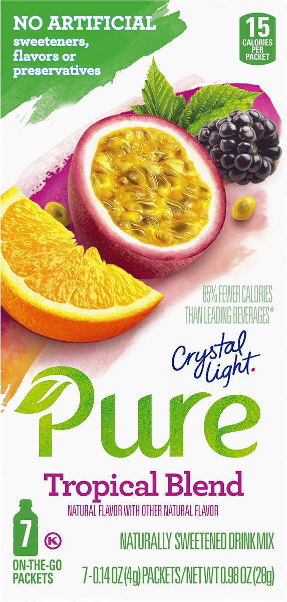 slide 9 of 9, Crystal Light Pure Tropical Blend Naturally Flavored Powdered Drink Mix with No Artificial Sweeteners, 7 ct On-the-Go Packets, 7 PK