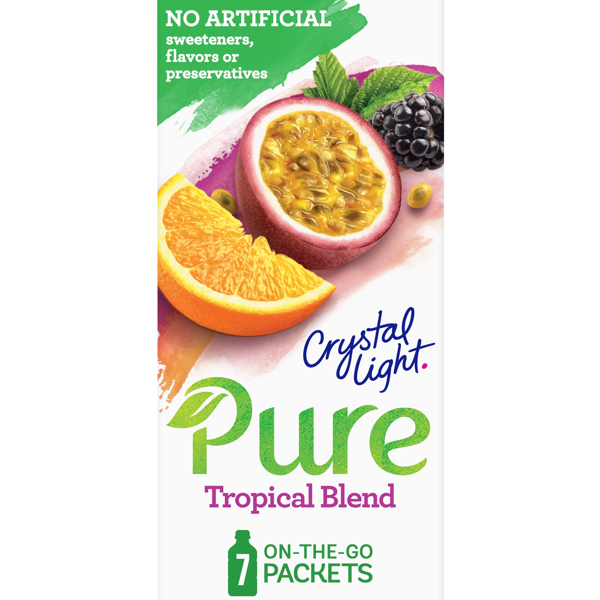 slide 1 of 9, Crystal Light Pure Tropical Blend Naturally Flavored Powdered Drink Mix with No Artificial Sweeteners, 7 ct On-the-Go Packets, 7 PK