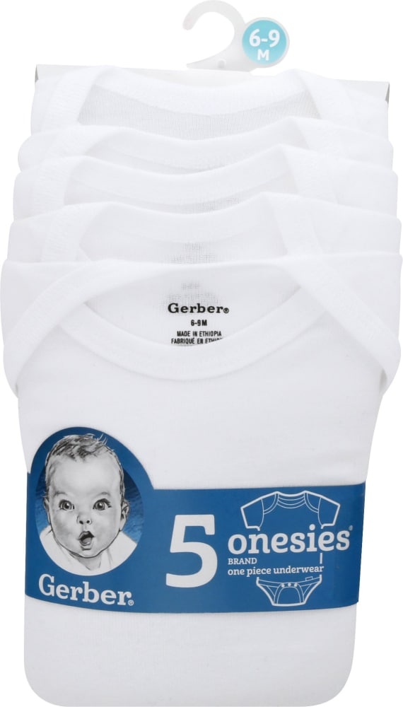 slide 1 of 1, Gerber ONESIES Brand Size Short Sleeve Bodysuits - White, 6-9 M
