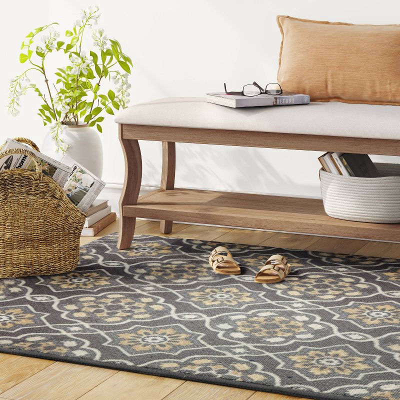 slide 2 of 4, 4'X5'6" Washable Rowena Area Rug Charcoal Gray - Threshold™: Traditional Medallion, Skid & Stain Resistant, 1 ct