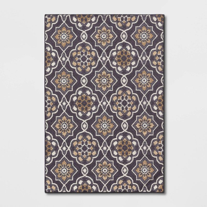 slide 1 of 4, 4'X5'6" Washable Rowena Area Rug Charcoal Gray - Threshold™: Traditional Medallion, Skid & Stain Resistant, 1 ct
