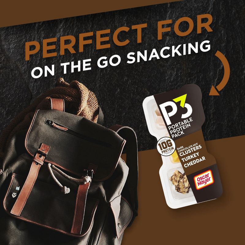 slide 5 of 9, P3 Portable Protein Pack P3 Portable Protein Snack Pack with Dark Chocolate Nut Clusters, Turkey & Cheddar Cheese - 2oz, 2 oz