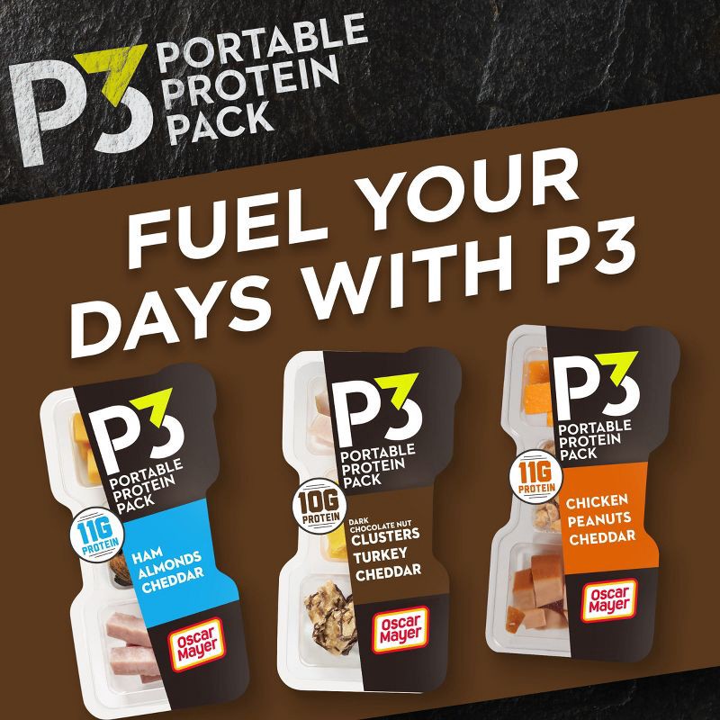 slide 6 of 9, P3 Portable Protein Pack P3 Portable Protein Snack Pack with Dark Chocolate Nut Clusters, Turkey & Cheddar Cheese - 2oz, 2 oz