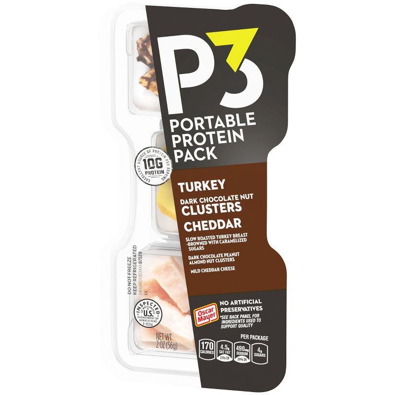 slide 9 of 9, P3 Portable Protein Pack P3 Portable Protein Snack Pack with Dark Chocolate Nut Clusters, Turkey & Cheddar Cheese - 2oz, 2 oz