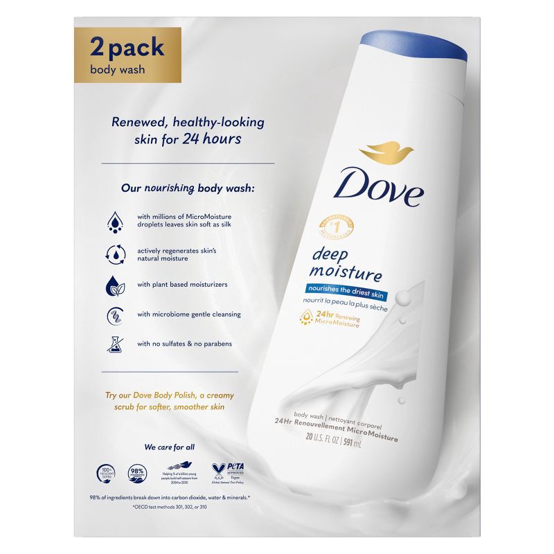 slide 2 of 8, Dove Beauty Dove Deep Moisture Nourishes the Driest Skin Body Wash - 20 fl oz/2pk, 20 fl oz, 2 ct