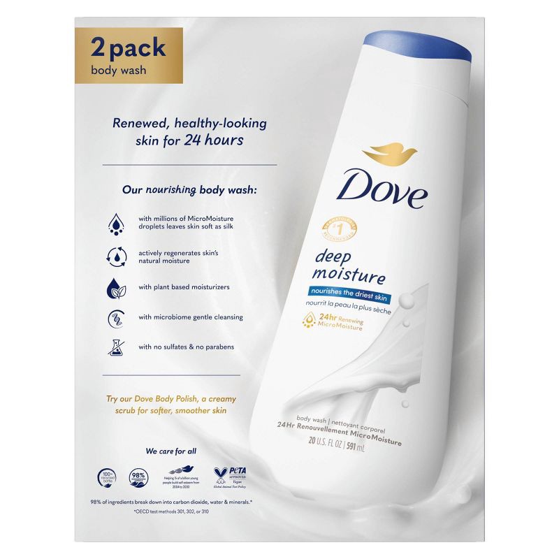 slide 3 of 8, Dove Beauty Dove Deep Moisture Nourishes the Driest Skin Body Wash - 20 fl oz/2pk, 20 fl oz, 2 ct