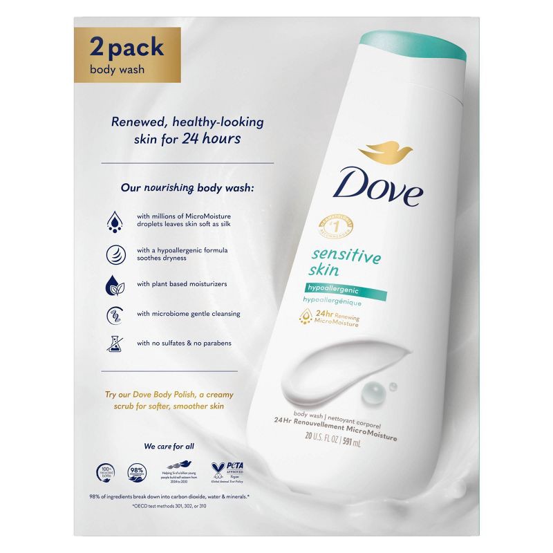 slide 3 of 8, Dove Beauty Dove Sensitive Skin Hypoallergenic Body Wash - 20 fl oz/2pk, 20 fl oz, 2 ct