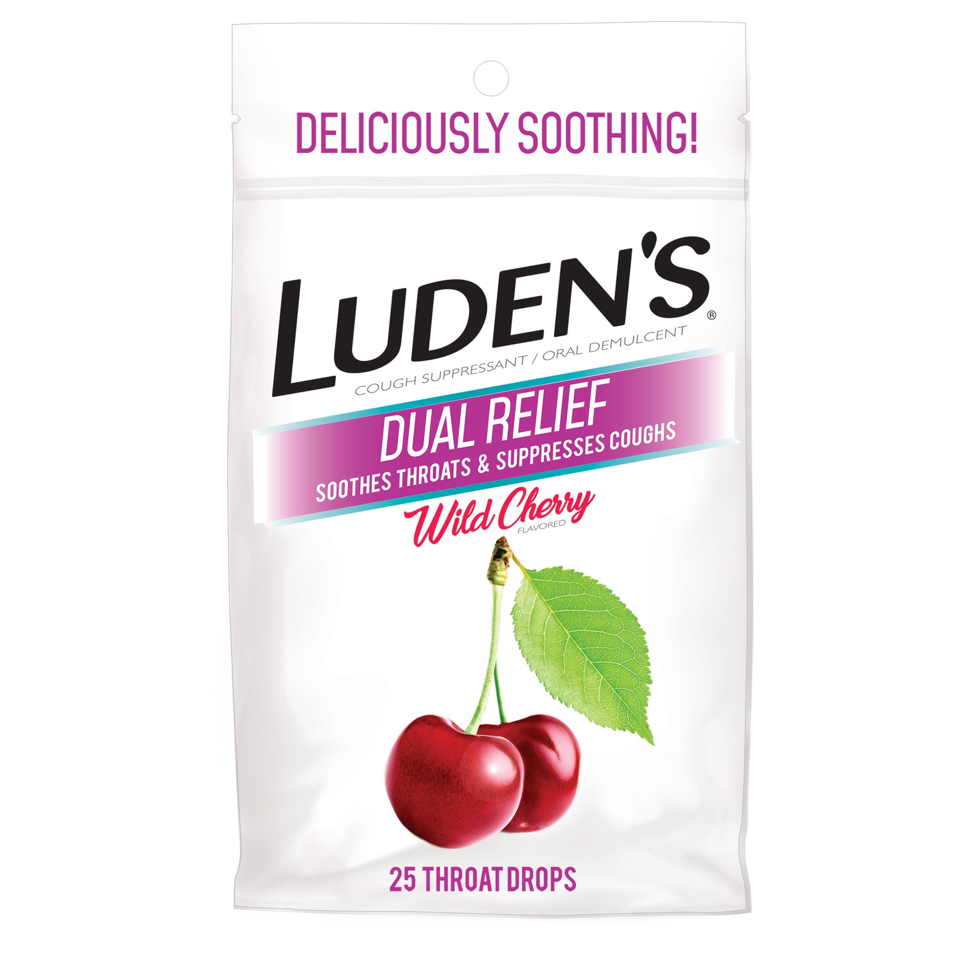 slide 1 of 1, Luden's Dual Relief Cough Drops for Sore Throat Relief, Wild Cherry Flavor, 25 Ct, 25 ct