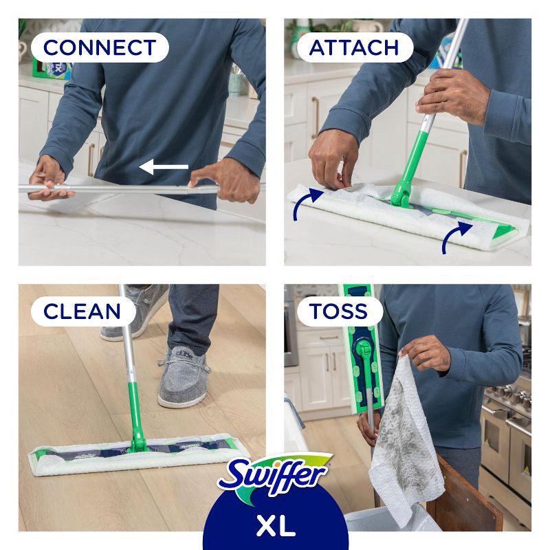 slide 9 of 14, Swiffer Sweeper Dry + Wet XL Sweeping Kit (1 Sweeper, 8 Dry Cloths, 2 Wet Cloths), 1 ct