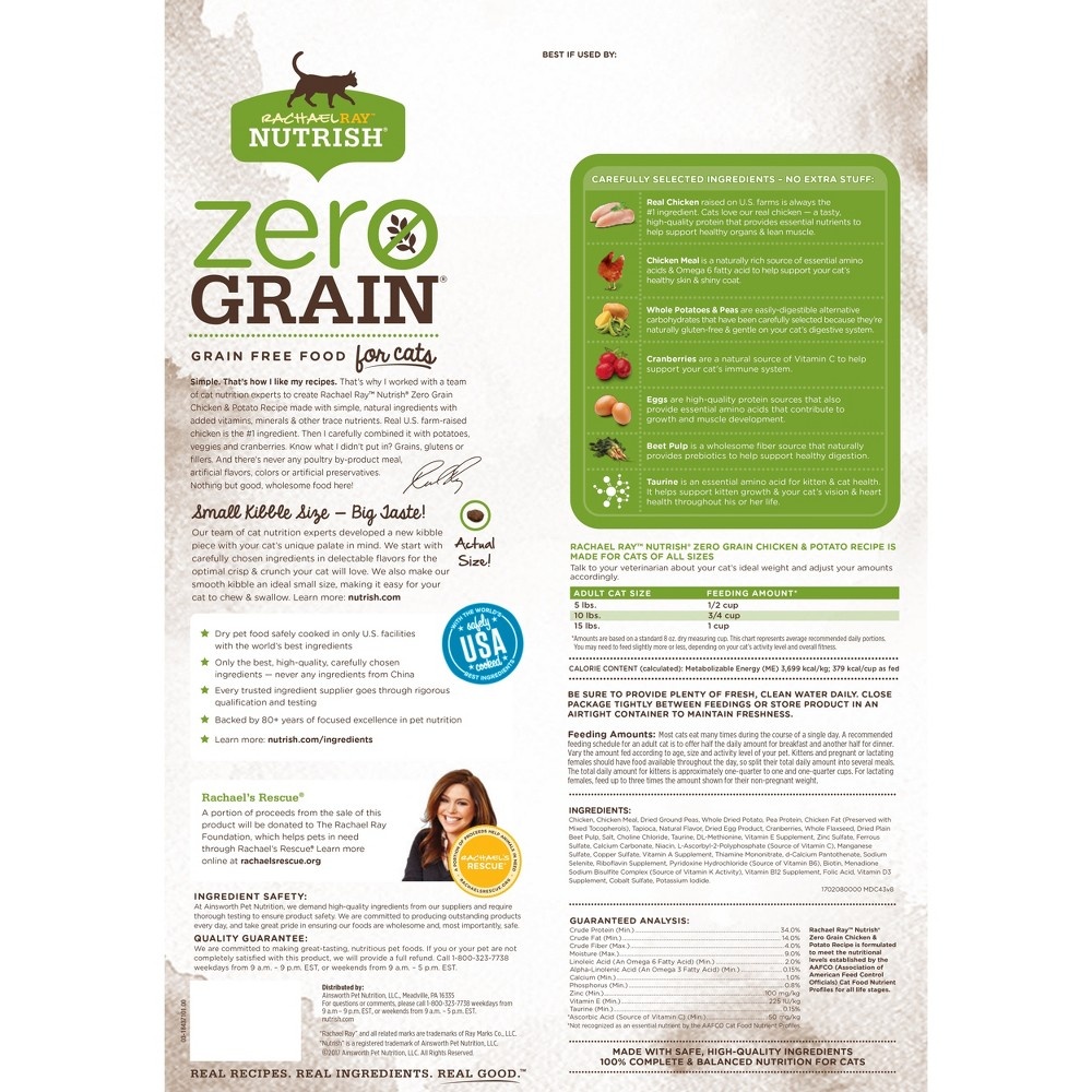 slide 2 of 2, Rachael Ray Nutrish Zero Grain Natural Chicken & Potato Dry Cat Food, 6 lb