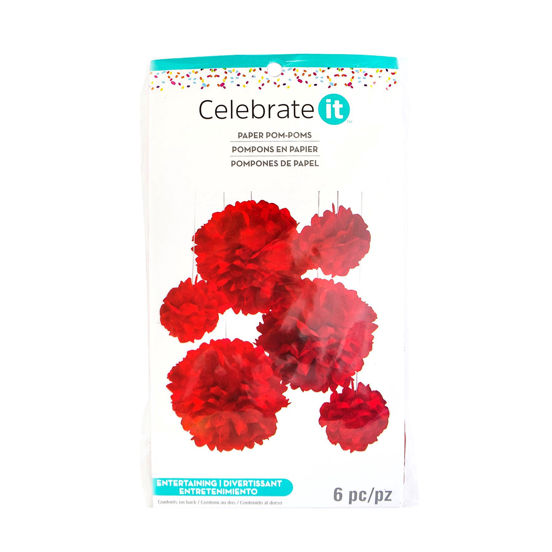 slide 4 of 6, Red Paper Pom Poms By Celebrate It, 10 in x 6 in package size