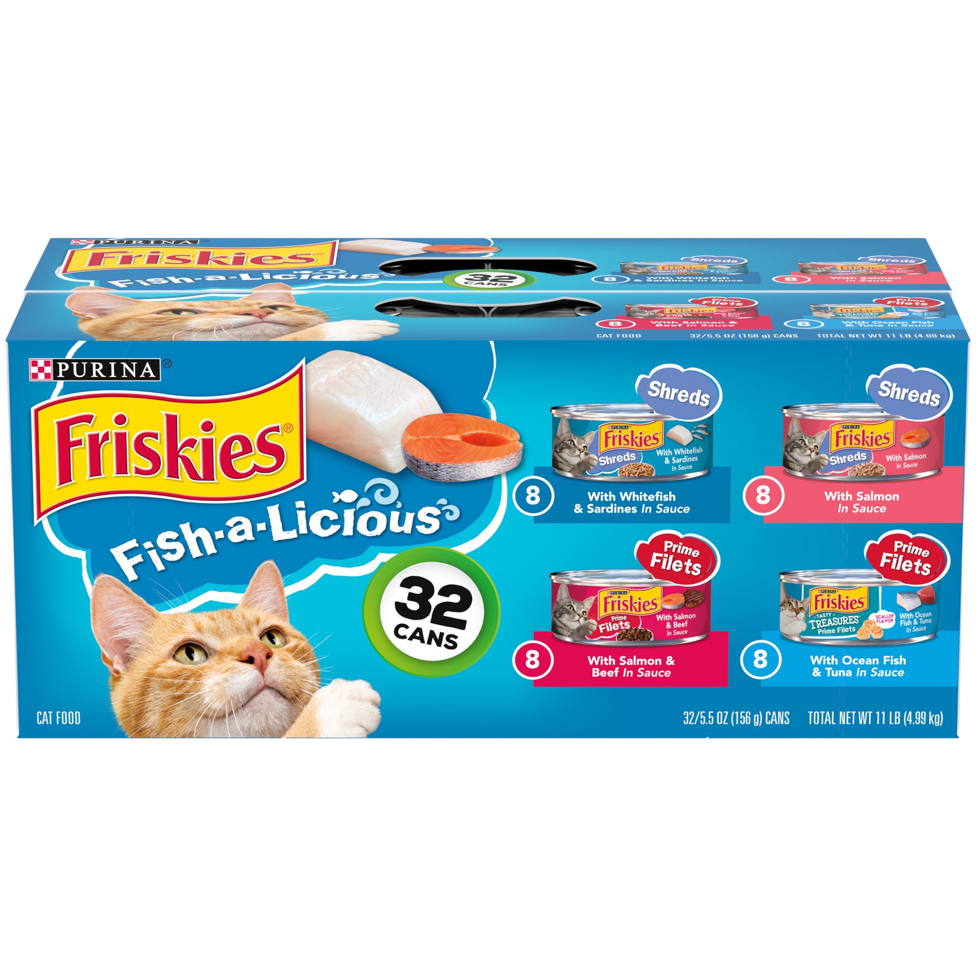 slide 1 of 8, Purina Friskies Wet Cat Food Variety Pack, Fish-A-Licious Shreds, Prime Filets & Tasty Treasures, 32 ct