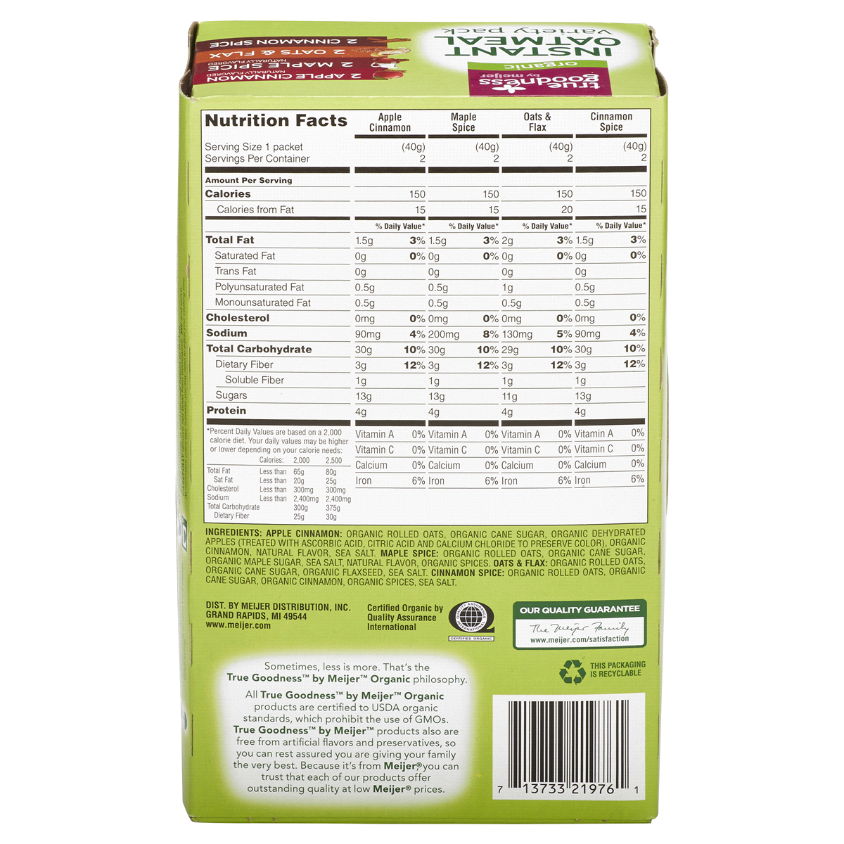 slide 8 of 8, True Goodness Organic Instant Variety Pack Oatmeal, 11.29 oz