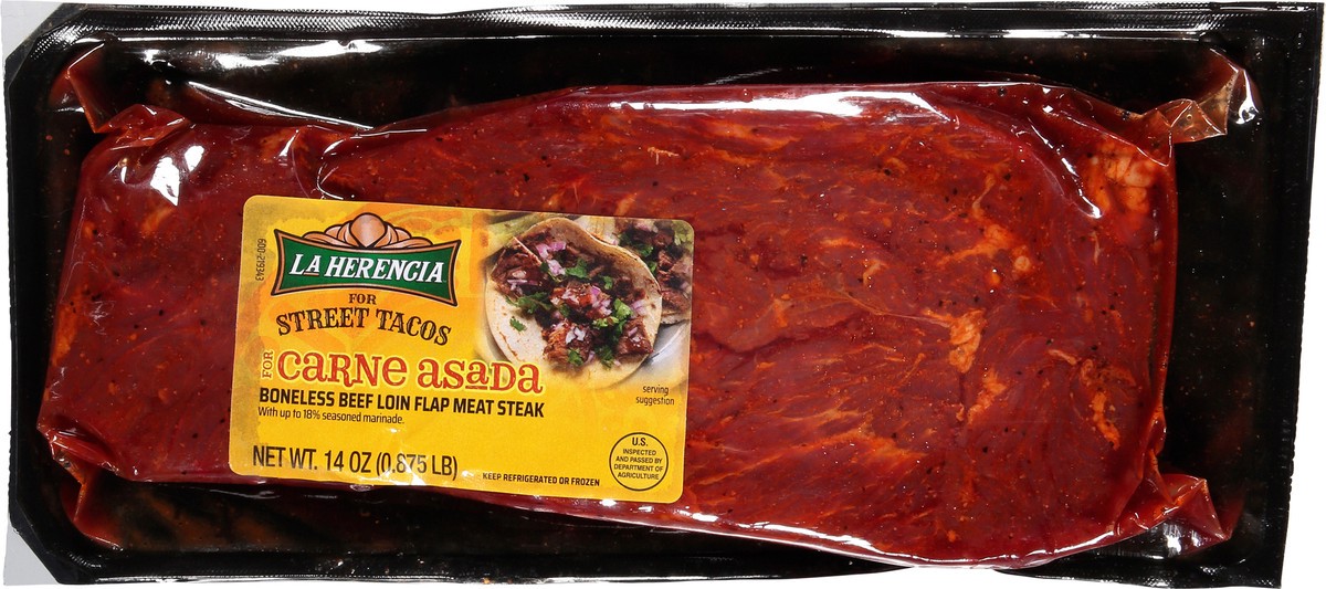 slide 3 of 9, La Herencia Carne Asada Boneless Beef Loin Flap Meat Steak, 14 oz