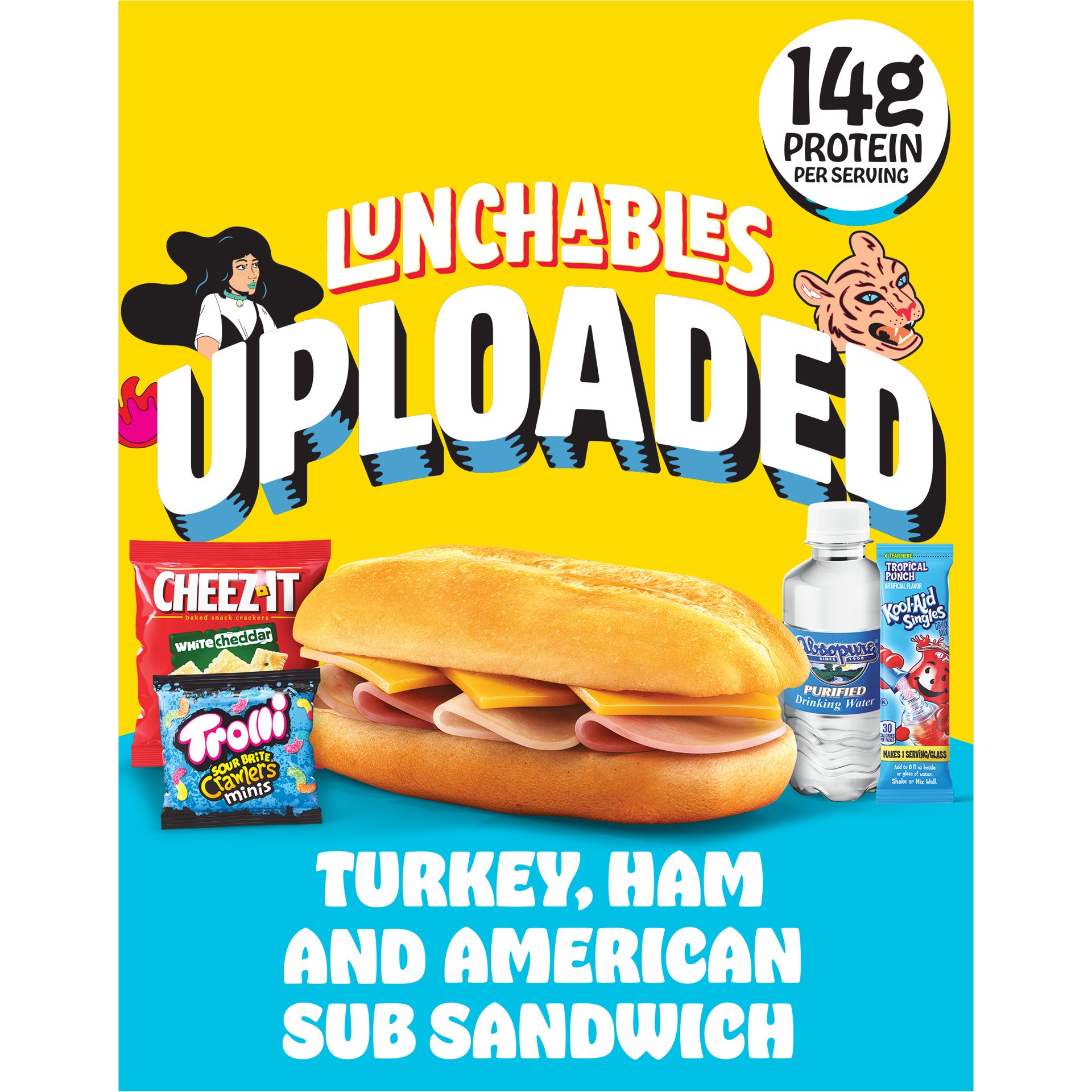 slide 1 of 1, Lunchables Uploaded Turkey, Ham and American Sub Sandwich with White Cheddar Cheez-Its, Trolli Sour Gummy Worms, Water and Kool-Aid Powdered Drink Mix, 15.46 oz Box, 15.46 oz