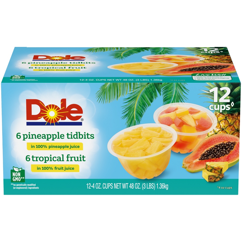 slide 7 of 9, Dole Pineapple Tidbits and Tropical Fruit Cups, 12 ct; 4 oz