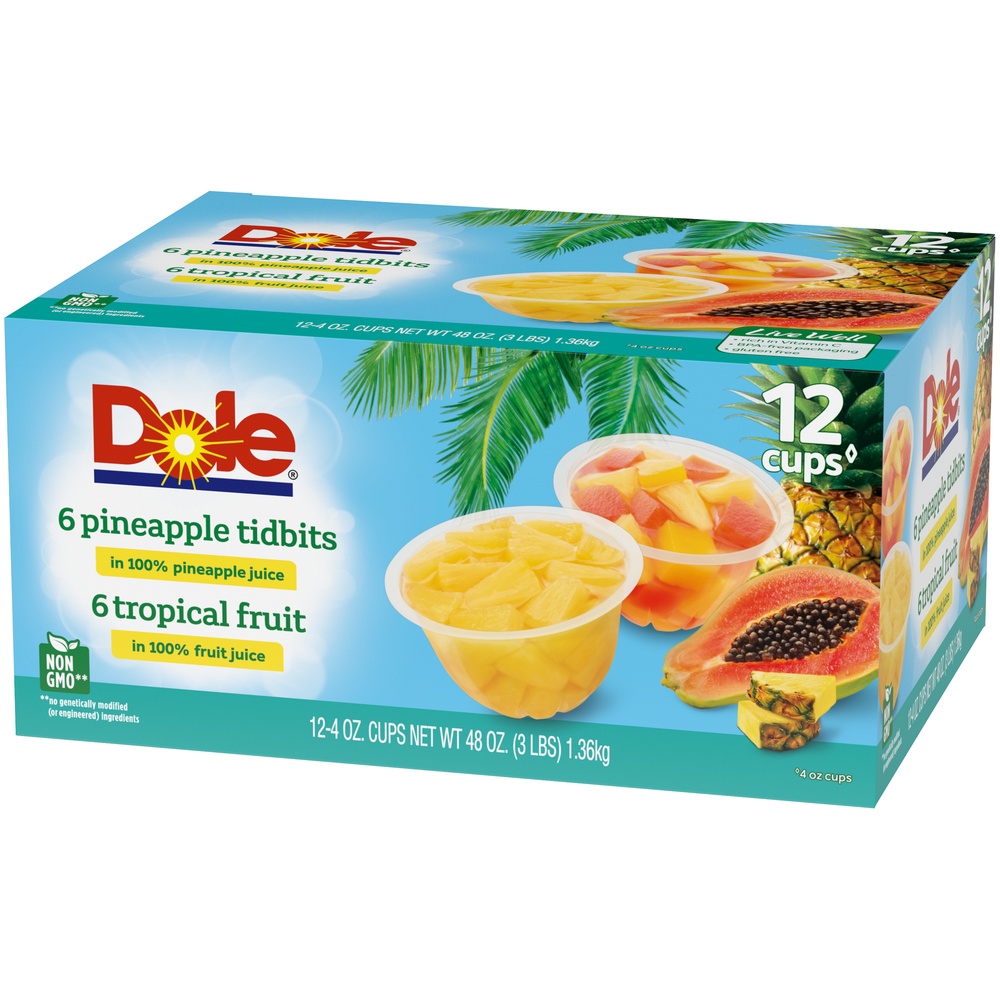 slide 2 of 9, Dole Pineapple Tidbits and Tropical Fruit Cups, 12 ct; 4 oz